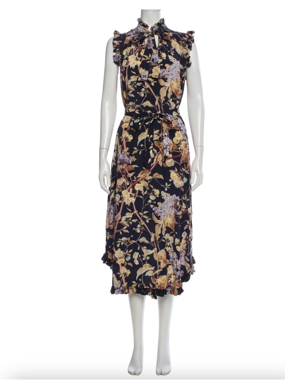 Zimmermann Navy Floral Ruffled Tie-Neck Midi Dress Silk SZ 3